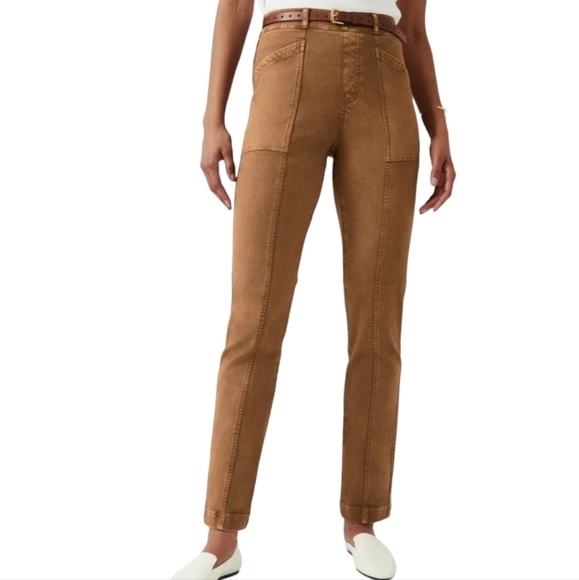 Spanx Pants Medium Tall MT Acorn Brown  Twill Straight Leg High-Rise Pull On NWT - Picture 1 of 13